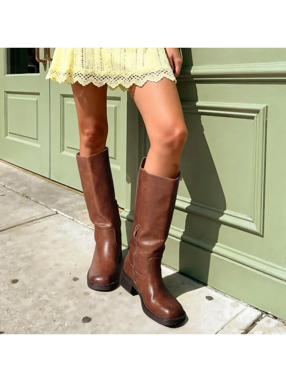 Women's Brown Faux Leather Square Toe Chunky Block Heel Knee High Riding Boots - Picture 3 of 6